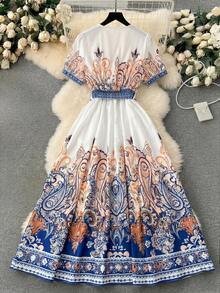 SHEIN Clasi Elegant Vintage Paisley Print Belted Dress, Summer - Apricot - View 2