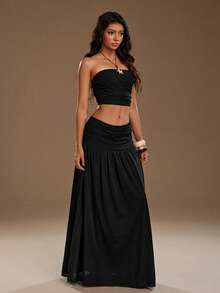 SHEIN PETITE 女士网纱纯色抹胸上衣和长裙两件套 - 黑色 - 查看 4