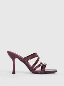CUCCOO SZL Women Shoes Spring And Summer New Burgundy Square Toe Slender High Heel Multi-Strip With Love Buckle Women's High Heel Sandals Fashion Comfortable Versatile Sexy Party Women's Sandals Women's Shoes - Burgundy - View 2