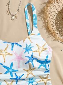 Swim Mod Áo tắm liền thân cỡ lớn với họa tiết sao biển và vỏ sò chủ đề đại dương, dây rút điều chỉnh ở hai bên và dây đeo vai, thích hợp cho bãi biển, hồ bơi và khu nghỉ dưỡng. - Nhiều màu - Xem 8