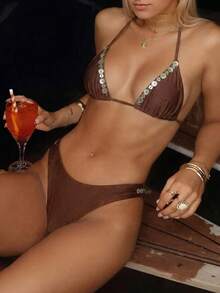Swim Chiccia Elegant Coffee Brown Bikini Set,Shiny Luminous Two Pieces Swimwear With Hand-Embroidered Button Shell,Summer Casual Beach Vacation Holiday Outfit - Brown - View 8