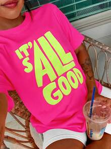 DrmWander Áo thun nữ, áo thun tay ngắn in họa tiết phong cách đường phố thường ngày, áo mùa hè dễ thương. - Màu Hồng Tươi - Xem 4