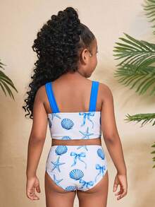 SHEIN 两件套少女几何图案针织泳衣套装 - 藍色 - 查看 4