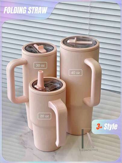 Melocotón rosa - Vaso de acero inoxidable de 20/30/40 onzas con asa y pajita plegable, taza de viaje minimalista con aislamiento de doble pared al vacío para bebidas calientes y frías
