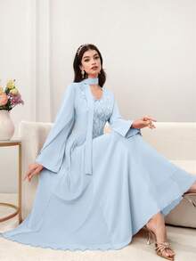 Al Najma Đầm dạ hội nữ cổ chữ V, đính cườm, thêu hoa, xếp nếp, phối lưới, ôm sát, tay dài, dáng xòe thanh lịch, màu hồng. - Màu xanh lam - Xem 5