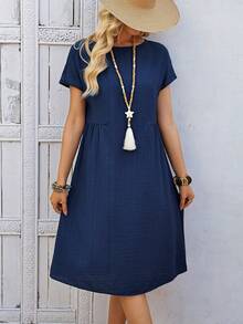 EMERY ROSE Women's Summer Casual Vacation & Commute Waist Cinched Short Sleeve Knee-Length Dress - Blue - View 6