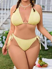 Swim Mod 大码女式三件套抽绳三角内裤和高腰短裤休闲泳装套装 - 黃色 - 查看 5