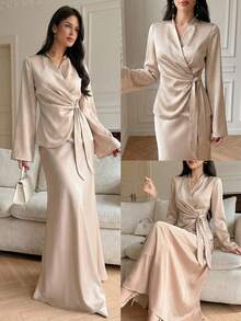 Firerie 男士优雅纯色腰带露背缎面亮面裹身系带上衣/衬衫和鱼尾裙两件套，缎面不对称下摆缎面裙套装，通勤派对，工作两件套，婚礼两件套，适合通勤、日常穿着，春夏款 - 杏色 - 查看 7