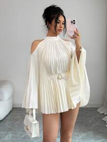 SHEIN Elenzya 优雅度假风束腰喇叭袖中长款女式衬衫 - 杏色 - 查看 6