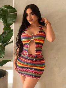 SHEIN SXY Women's Colorful Printed Halter Top And Mini Skirt 2 Pieces Set Two Piece Set Women Multicolor - Multicolor - View 8