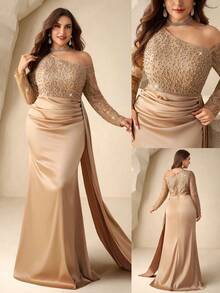 Coutiva Plus Size Elegant Gold Spring Prom Dress,Long Sleeves Asymmetrical Collar Embroidered Pearl Rhinestones Satin Mermaid Skirt Side Drape Event Gown - Champagne - View 4