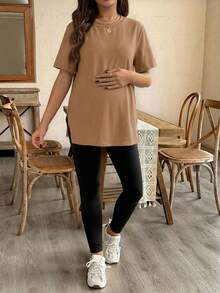 SHEIN 两件套孕妇侧开衩宽松上衣和紧身裤 - 摩卡棕 - 查看 5