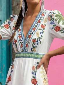 CAJUNI Bộ đồ liền thân cổ chữ V tay ngắn thêu hoa hồng giả màu xanh lá cây, đỏ, mơ dành cho nữ, thích hợp cho các buổi hẹn hò và đi chơi - Nhiều màu - Xem 5