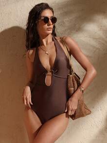 Swim Chiccia Women's Summer Vacation Beach Metal Ring Halter Backless One-Piece Swimsuit - Brown - View 5