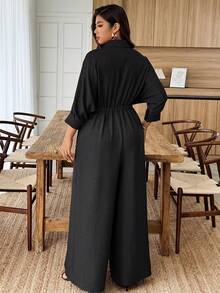 Weeklong Mono con cuello y volantes en las mangas para mujer de talla grande, cintura ceñida, para uso casual y de oficina - Negro - Ver 2