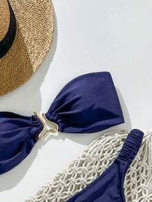 Swim Mod 春假女士纯色挂脖金属装饰性感系带两件式比基尼泳衣套装 - 藍色 - 查看 4