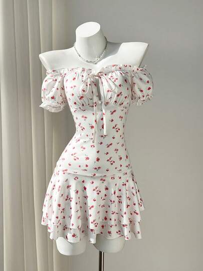 Elamini Vestido mini con hombros descubiertos, volantes y estampado floral para mujer