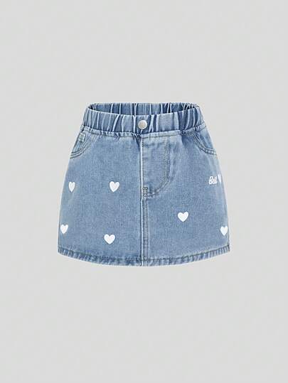 Baby GirlComfortable Casual Fashionable Cute Daily Versatile Denim Elastic Waist Heart Letter Print Washed Denim Skirt