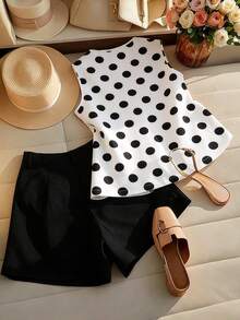 SHEIN LUNE Women's White With Black Polka Dots,Summer,Vintage,Tea Party Sleeveless Round Neck Tank Top & Black Pocket Loose Shorts 2 Pieces Set,Elegant Wear - Black - View 2