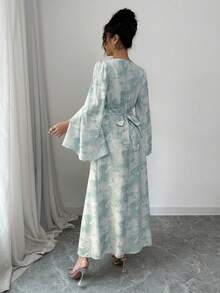 Modelyn 女士蓝色梭织垂褶领口系带腰身喇叭长袖连衣裙 - 藍色 - 查看 2