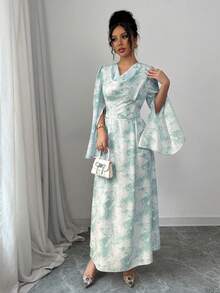 Modelyn 女士蓝色梭织垂褶领口系带腰身喇叭长袖连衣裙 - 藍色 - 查看 5