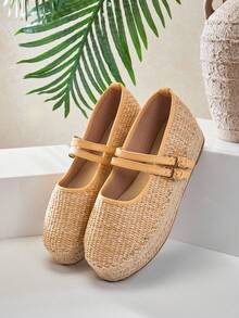 SHUZIA Giày đế xuồng kiểu espadrille mũi tròn thoải mái, thường ngày dành cho nữ, làm từ chất liệu raffia. - Màu be - Xem 7