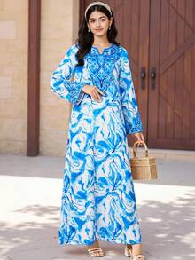 SHEIN Teen Girl Elegant Geometric Pattern Floral Print Notch Neck Long Sleeve Long Maxi Dress - Blue and White - View 6
