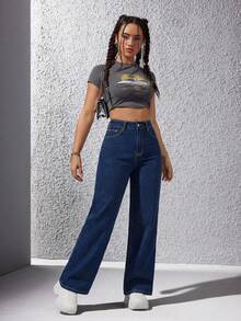 Jeanoix Pantalones vaqueros casuales y versátiles de tiro alto, con bolsillos y pierna ancha para mujer - Azul lavado oscuro - Ver 4