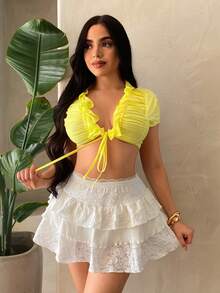 SHEIN SXY Women's Chic Yellow Summer Vacation Top Minimalist Solid Deep V-Neck Ruffle Drawstring Tie Cropped Blouse Ruched Crop Top - Light Yellow - View 6
