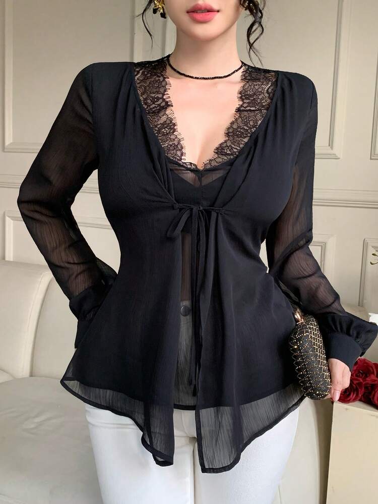 Women's Spring/Summer 2 In 1 Front Tie Chiffon Blouse, Black Hollow Lace Patchwork, V-Neck Waist Cinched Long Puff Sleeve Casual Elegant Shirt For Date, Wedding, Vacation