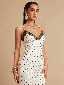 Silquee French-Style Elegant White Polka Dot Satin Dress With Black Lace Trim At The Chest; Suitable For Spring/Summer, Sexy Date Nights, Women's Clothing, Women's Summer Dresses, Afternoon Tea Party Dresses, Valentine's Day, Women's Valentine's Day Outfits, And Vacation Dresses. - Multicolor - View 6