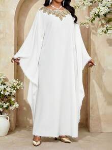 Fleurora Plus Size Women Applique Decor Round Neck Batwing Sleeve Loose Elegant Dress White Abaya Caftan Dress Butterfly Abaya White Modest Dress Abayas Dubai Luxury Summer Dress Spring Dress Women Carnival Costume Party Dress Beach Dress Summer Holiday Outfits Spring Outfit Women Formal Dress White Church Dress Women - White - View 3