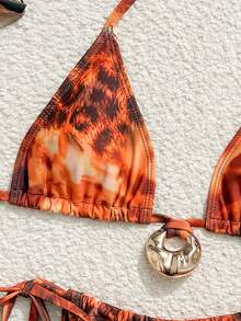 Swim SXY 女士金属饰边印花三角罩杯比基尼，系带领口，网纱褶皱迷你裙三件套泳衣 - 彩色 - 查看 7