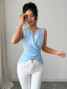 Selianne Elegant Criss-Cross Wrap Tie Waist Sleeveless Tank Top - Blue - View 3
