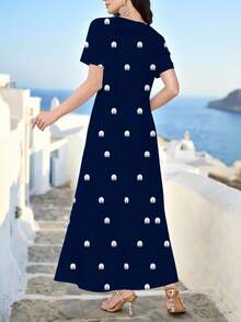 Al Najma 藏蓝色优雅女士V领春夏针织短袖印花连衣裙，可作外衣或内搭/工作服穿着，适合约会、度假、日常穿着、休闲、派对、节日等场合，长款连衣裙，春夏女士长裙，飘逸长裙，印花长裙，藏蓝色连衣裙 - 藏蓝色 - 查看 2