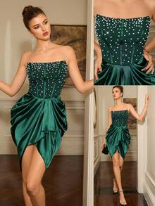 Poshira Vestido de cóctel con busto con cuentas para mujer - Verde Oscuro - Ver 1