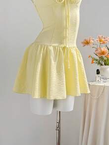 Elamini Women's Light Yellow Ruched Bust Short Sleeve Mini Dress - Light Yellow - View 3