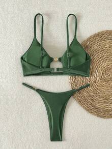 Swim SXY Women's Summer Beach Sexy Vacation Metal Accessories, Spaghetti Strap, Thong, Sexy Bikini Set - Army Green - View 2