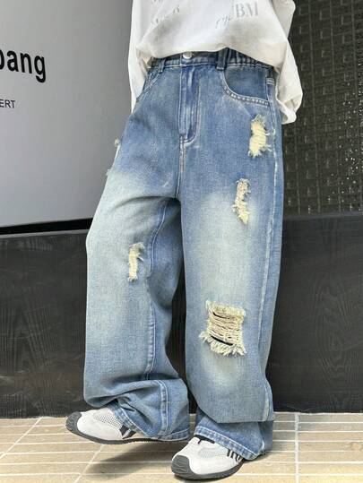 Tween Boys' Vintage Distressed Straight Leg Jeans, Streetwear Fashion Casual Academic Style Recommended! Vintage Washed Blue Comfortable Denim Effect, Distressed Design, Showcases Personalized, High Waist Elastic Waistband + Front Zipper Closure, Convenient To Wear And Take Off, Straight Leg Silhouette, Flatters The Legs And Elongates The Figure Light Wash Jeans Baggy Jeans Loose Fit Jeans