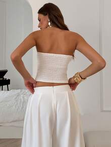 Elenzga 女士新款法式简约优雅复古褶裥抹胸上衣和阔腿裤两件套 - 白色 - 查看 2