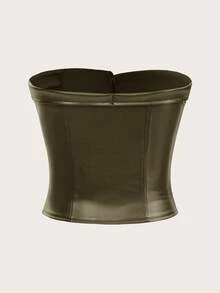 Chiquease Fashion Zipper Decorated Pu Strapless Top  - Olive Green - View 2