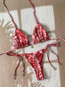 Swim Vcay Bộ 2 bikini nữ mùa hè in họa tiết ngẫu nhiên, dây mảnh, trang trí kim loại, gợi cảm. - Nhiều màu - Xem 2