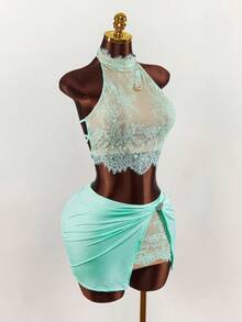 Amplova Women's Sexy Contrast Lace Halter Top And Mini Skirt 2 Pieces Set, Summer - Mint Green - View 4