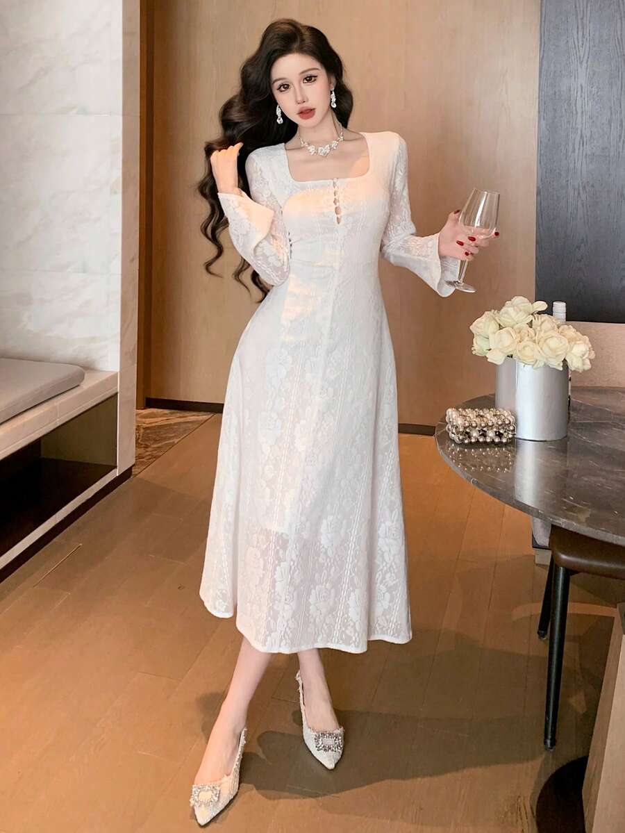 Joudiya Đầm ren trắng họa tiết mùa xuân hè, đầm dự tiệc thời trang, đầm cưới/tiệc chiêu đãi/đầm dạ hội thanh lịch, dáng ôm eo, viền bèo nhún, tay chuông, dài ngang gối dành cho nữ. - trắng - Xem 1