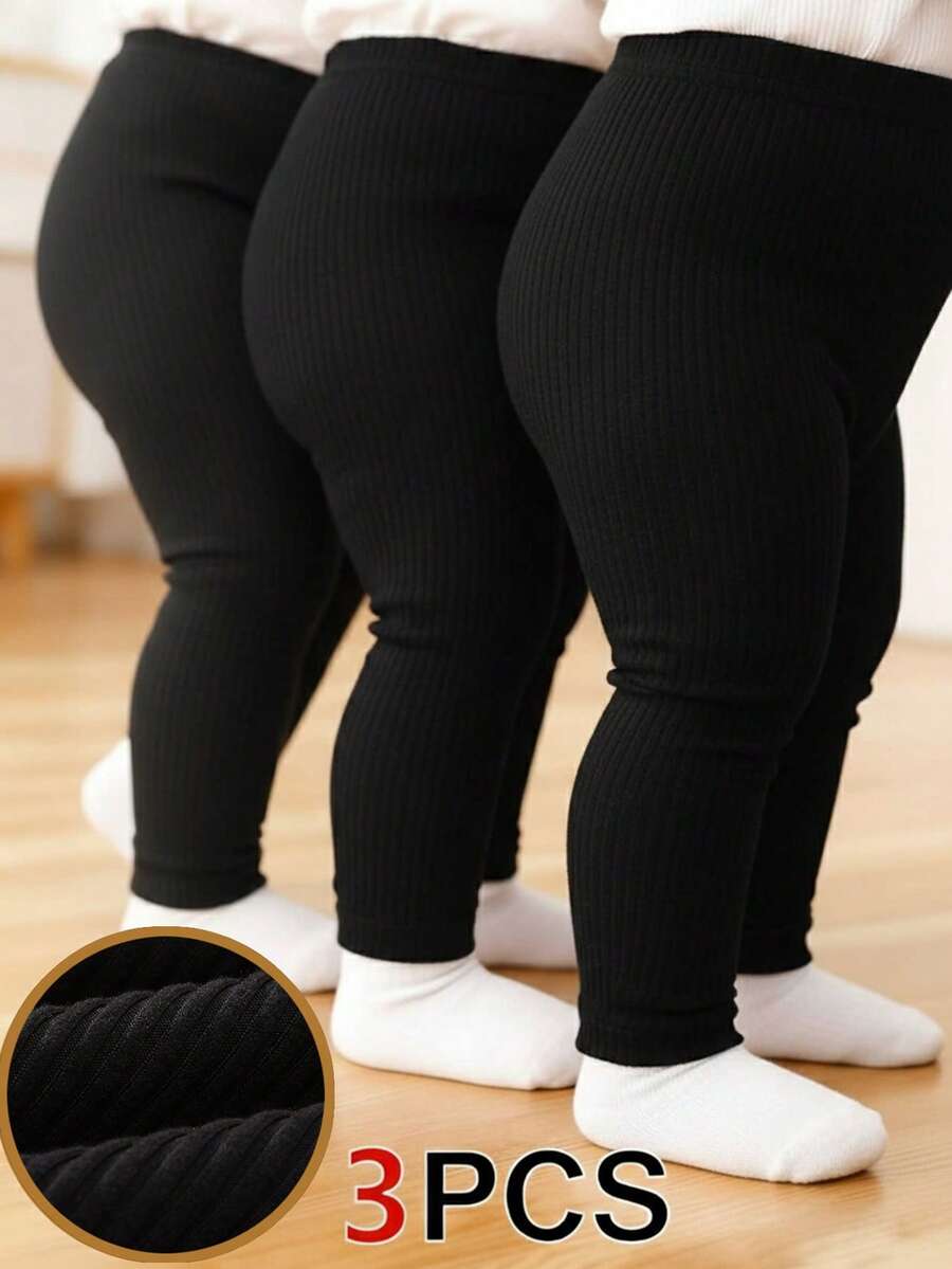 SHEIN Playful Pals 3件組女嬰針織燈芯絨彈性內搭褲 黑色 秋冬基本款休閒上學素色長褲 緊身褲 百搭四季 - 黑色 - 查看 1