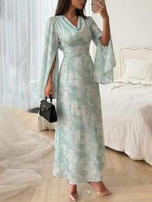 Modelyn 女士蓝色梭织垂褶领口系带腰身喇叭长袖连衣裙 - 藍色 - 查看 6