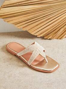 SHUZIA 女士时尚休闲舒适平底凉鞋 - 金色 - 查看 6