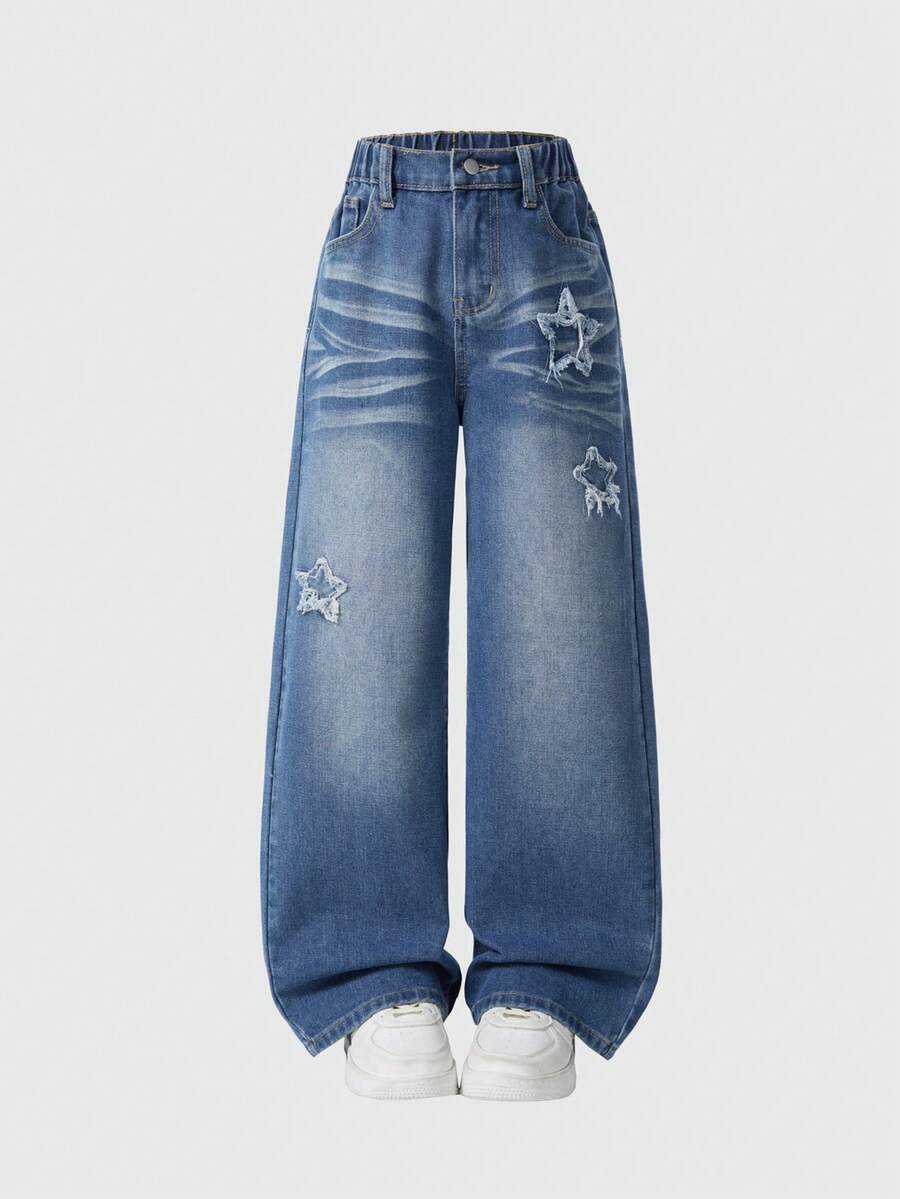Quần jeans ống rộng cho bé gái, phong cách Y2K, màu xanh nhạt cổ điển, cạp cao, chun co giãn, ống suông rộng, thêu sao 3D, phù hợp cho các lễ hội âm nhạc, kỳ nghỉ, lễ tốt nghiệp, mặc hàng ngày, quần jeans đa năng thời trang mới cho bé gái.