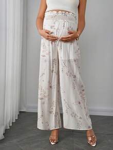 Momance Pantalones anchos de maternidad con estampado floral plisado, versátiles y casuales para uso diario - Albaricoque - Ver 5