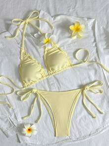 Swim Mod 2件套黄色布料露背荷叶边女士泳衣套装 - 黃色 - 查看 8